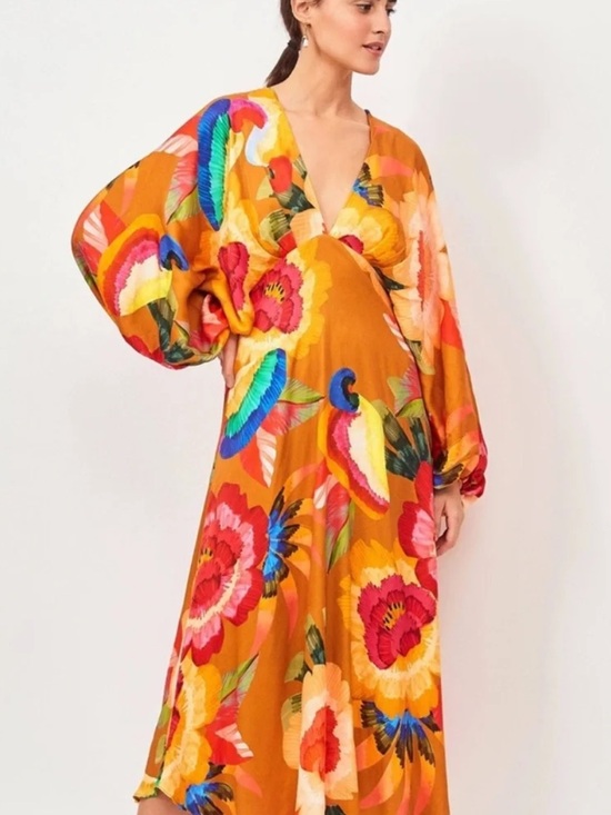 FARM Rio Dresses & Skirts - FARM Rio Floral Cashew V-Neck Long Sleeve Maxi Dress - Orange